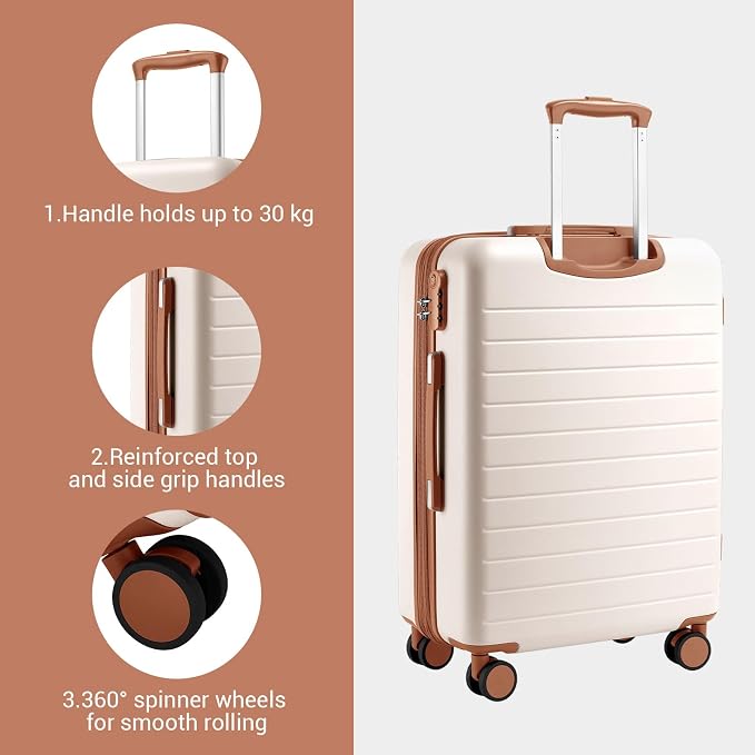 Kono Expandable 20 Inch Carry On Suitcase Airline Approved, Lightweight ABS+PC Hardshell Luggage with 360° Silent Spinner Wheels, Cream/Brown