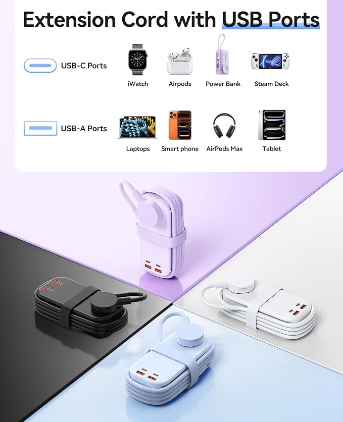 ORICO 100W GaN Power Strip for Laptop, 6 in 1 Multiple Outlets Extension Cord(2 AC Outlets, 2 USB-A, 2 USB-C Ports), 5ft Wrapped Flat Plug for Travel/Office ETL Listed