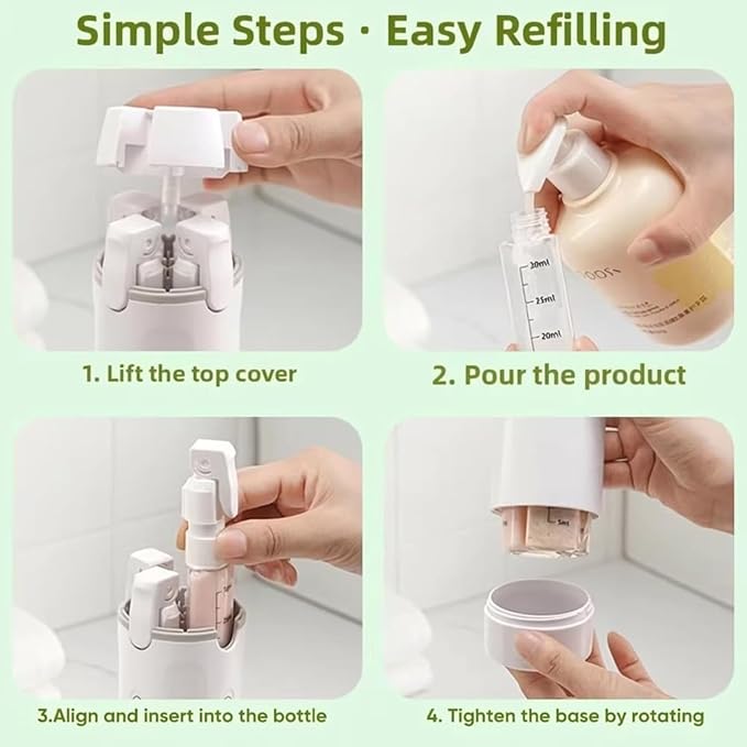 Leak Proof Travel Bottles Set, 4 Pack 30ML Refillable Travel Size Containers, Portable Silicone Squeezable Bottles for Shampoo, Conditioner, Lotion (4 in 1 Kit) (Green)