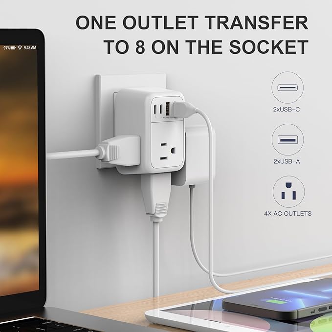 VYLEE Travel Adapter with 4 AC Outlets and 4 USB Ports - European Foldable International Power Adapter, Type C Plug Adapter Travel Essentials to Most Europe EU Spain Italy France Germany [1 Pack]