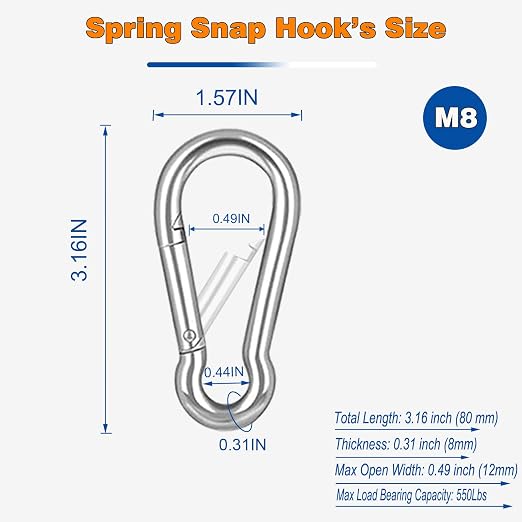 40PCS M8 Heavy Duty Carabiner Clip, 3Inch Snap Hook Quick Link Small Carabiner Clips,Spring Link Buckle for Fishing Camping Hammock Dog Leashes-550LBS Holding Capacity (Silver)