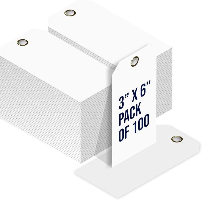 Tags 4 Less 15 Mil Waterproof Plastic Tags, Pack of 100 – 3” x 6” Heavy Duty Plastic Tags for Labeling, Outdoor Tagging, Equipment Labeling, Luggage, Valves & More (White)