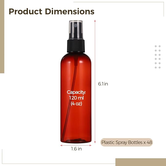 OMISTAR 48 Pcs 4 oz Plastic Spray Bottles - 120 ML Travel Size, Fine Mist Sprayers, Ideal for Perfumes, Cosmetics, Cleaning Solutions, and More, BlackAmber