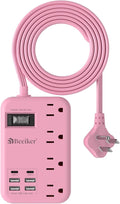 6 USB(2 USB C) Pink Extension Cord- 5Ft Travel Power Strip with 24W USB Charging Station and 4 Outlets, Pink Desk Accessories with Surge Protector for Cute Kawaii Gifts College Dorm Desk