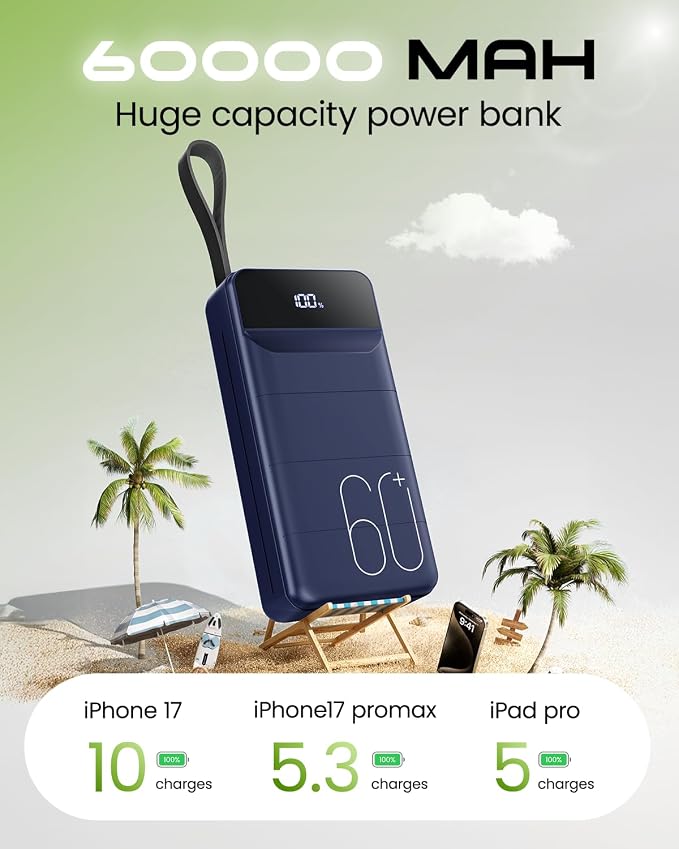 Nuxgal Power 60000mAh high-Capacity Fast-Charging Power Bank, Multiple Output Ports, Digital Battery Level Display, Multi-Functional Outdoor Camping Power Bank, Compatible with Multiple Devices