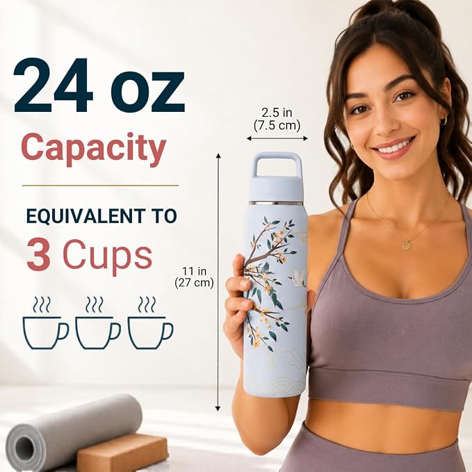 Farasi Tea Infuser Bottle for Loose Leaf Tea Insulated Stainless Steel Water Bottle Tumbler - Portable Coffee, Fruit, Loose Leaf Infuser Mug- Leakproof Blue Floral 24 oz