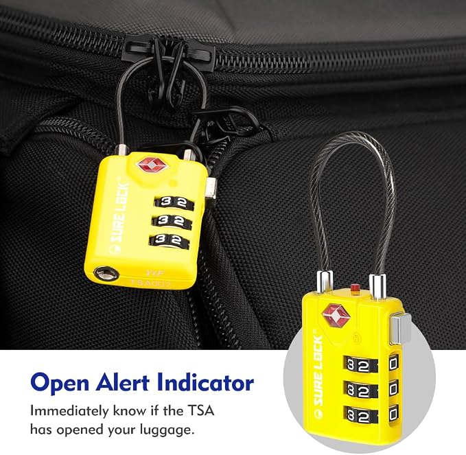 SURE LOCK TSA Approved Luggage Locks with Open Alert Indicator, 3 Digit Combination Cable Travel Lock for Suitcase, Backpack, Gym Locker, Toolbox & Travel Bag(2, Yellow)