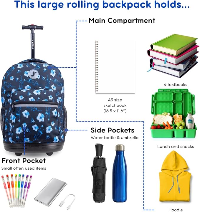 J World Sunrise Kids Rolling Backpack for Girls Boys. Roller Bookbag With Wheels For School, Night Bloom