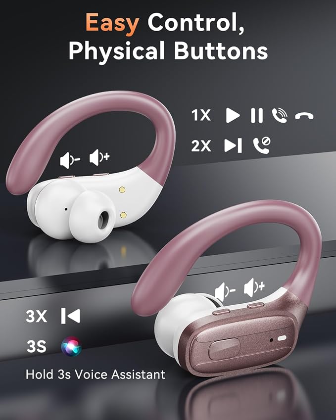 LEEMC Wireless Earbuds, Bluetooth Headphones 5.4, 80Hr Playtime Ear Buds with Hooks for Sports, Noise Canceling, LED Display, IPX7 Waterproof Earphones for Workout Running, Rosegold
