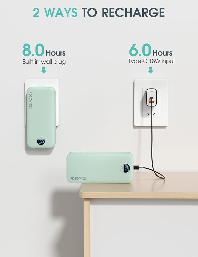 citicr Portable Charger 20000mAh PD20W w/Built-in Cables & Wall Plug Green | High capacity, Fast charging, Built-in wall plug, LED display, Charge 5 devices at once, Pass through charging, TSA approved