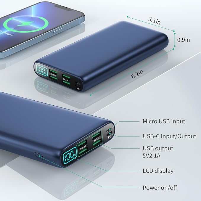 Portable Charger 38800mAh Power Bank with 5 Outputs & 2 Inputs,PD USB C In&Out Fast Phone Charging External Battery Pack Backup,Travel Essential Outdoor for iPhone 17/16,Android Samsung Galaxy-Navy