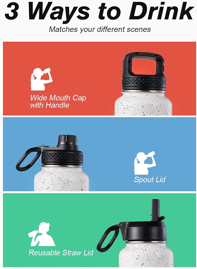 Coolflask Water Bottle 32 oz Insulated with Straw, Stainless Steel Metal 3 Lids Water Flask Wide Mouth for Sports or Office, Non-BPA Keep Cold Up to 48 Hrs or Hot Up to 24 Hrs, Arctic White