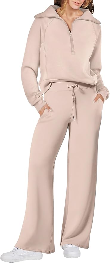 ANRABESS Women’s 2 Piece Outfits Half Zip Sweatshirt & Wide Leg Pants Airport Travel Lounge Matching Sets Sweatsuits Clothing