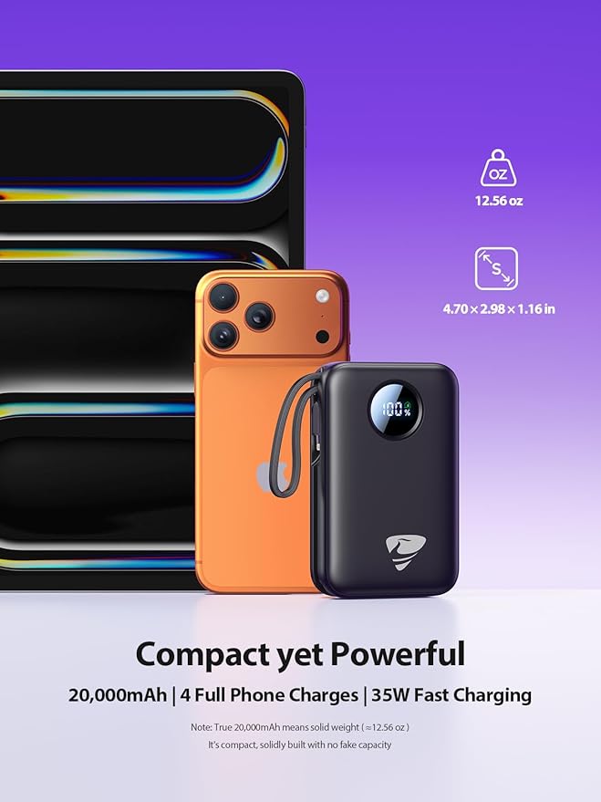 Aioneus Portable Charger, 35W PD Fast Charging Power Bank 20000mAh, Battery Pack with Built in Lightning & USB-C Cables, Powerbank for iPhone 17 16 15 14 iPad Samsung Android Tablet MacBook