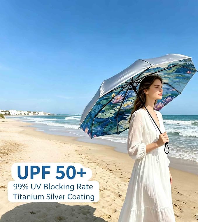 SIEPASA Compact Travel Umbrella - Windproof Auto Open/Close, Small Folding Umbrella for Rain & Sun with UPF50+ - Lightweight Frame, Waterproof - Fits Backpack, Purse, Suitcase.(Silver/Water Lily)