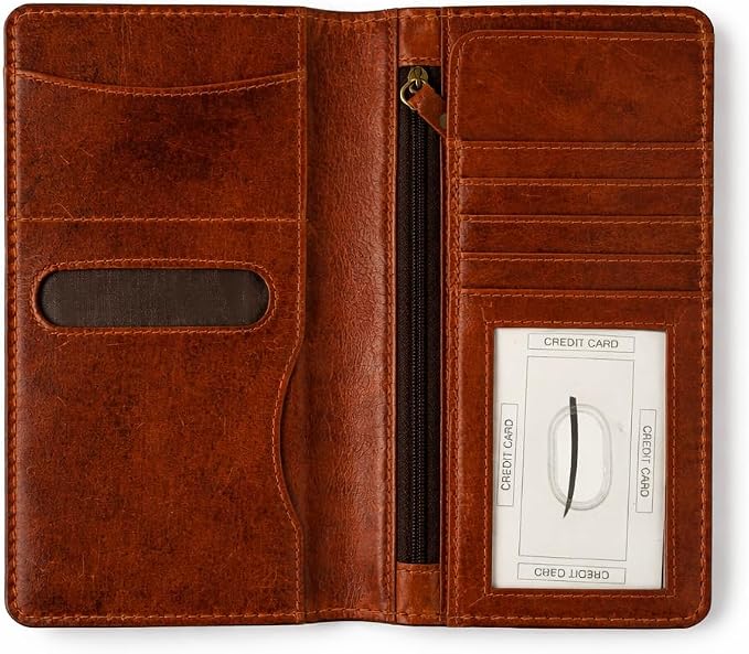 Tan Leather Long Passport Wallet - Travel Document Organizer with Card Slots ID Window Zipper Pocket Slim Passport Holder for Travel & Everyday Use, 5 x 9