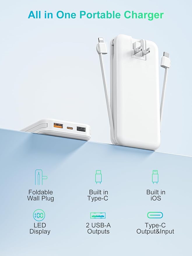 citicr Portable Charger 10000mAh PD20W w/Built-in Cables & Wall Plug White | Fast charging, Built-in wall plug, LED display, Charge 5 devices at once, Pass through charging, TSA approved, Pocket size