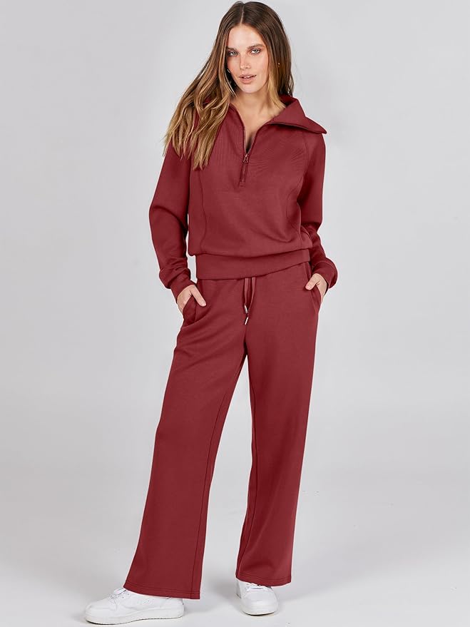 ANRABESS Women’s 2 Piece Outfits Half Zip Sweatshirt & Wide Leg Pants Airport Travel Lounge Matching Sets Sweatsuits Clothing