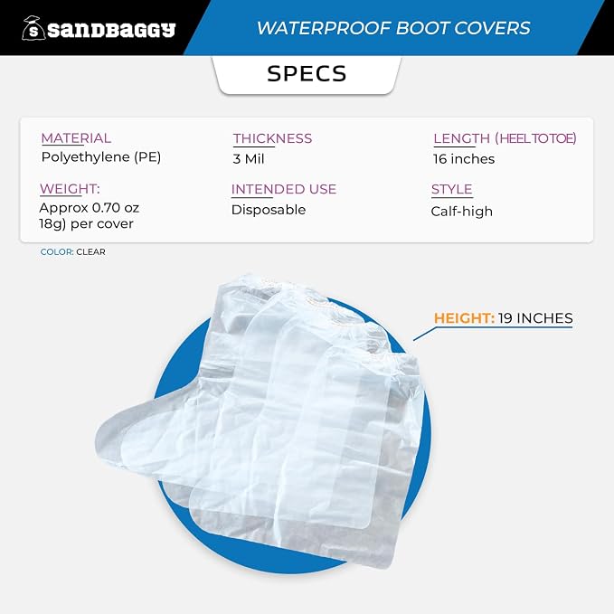 Sandbaggy Waterproof Boot/Shoe Covers - 19" Tall, 3 Mil Disposable - Transparent/Clear (20)
