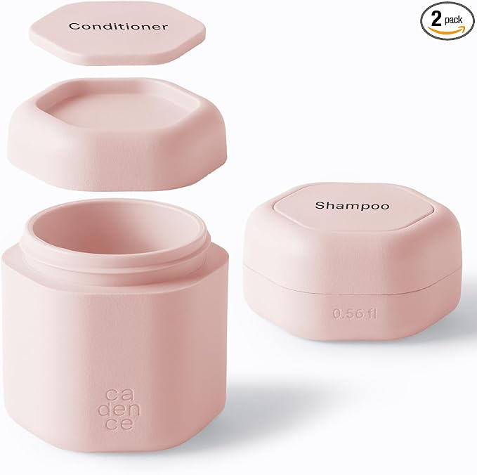Cadence Travel Containers - 2 Piece Haircare Set - Magnetic Travel Capsules - For Shampoo, Conditioner, Hair Styling Product - 1 Small & 1 Medium Capsule - Shampoo & Conditioner Labels - Petal