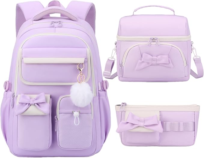 Girls School Backpack with Lunch Box Pencil Case Set, Cute Middle School Bag Teen Girls Backpack Bookbag for Kids, 3pcs Purple