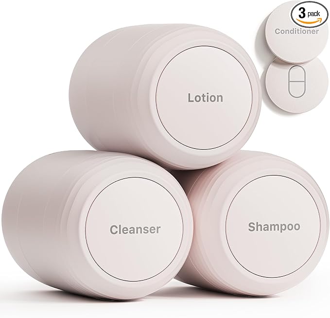 New Travel Toiletry Containers [Ultra Leakproof] TSA-Approved, PLA Hard Shell Jars with 5 Magnetic Labels, Wide Mouth Bottles for Lotion, Cleanser, Shampoo, Conditioner, Beige, 3 Pack, 2OZ