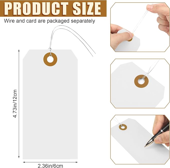 Sayglossy 1000 Pcs Blank Manila Shipping Tags with Wire 4 3/4" x 2 3/8" Paper Hang Luggage White Price Asset Gift Label Tags