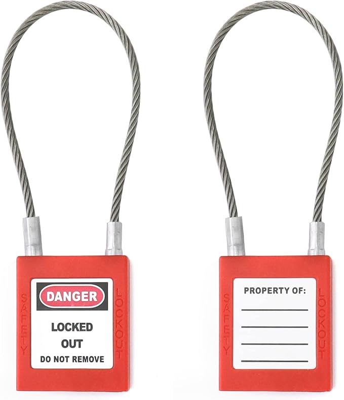 QWORK 4 Pack Lockout Tagout Steel Cable Locks with 8 Keys, Compact Cable Padlock, Red Keyed Different Electrical Lockout Padlock Set