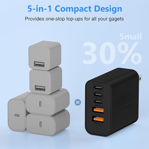 QZIIW USB C Wall Fast Charger Block, 100W 5-Port Type C Fast Charging Block 3 Pack-PD Power Charger Adapter QC 3.0 USB Multiport Charger Brick for iPhone 17 16, Samsung Series MacBook/Air, iPad, etc.