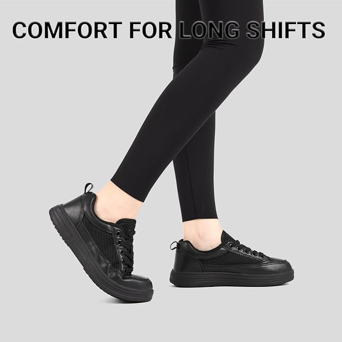 Treesky Black Slip On Non Slip Work Shoes for Women, Faux Leather Sneakers | Slip resistant soles, water resistant faux leather, wipe clean, EVA cushioning, no-tie slip-on, for kitchen & food service