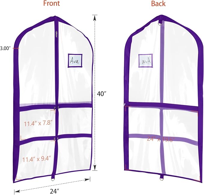Univivi PVC Dance Costume Bags (3 Pack) Garment Bag 40 Inch for Dance Competitions, with 4 Medium Clear Zipper Pockets and 1 Large Back Zippered Pocket - Clear Purple