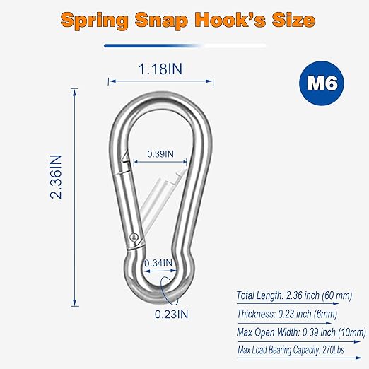 20PCS M6 Heavy Duty Carabiner Clip, 2.36Inch Snap Hook Quick Link Small Carabiner Clips,Spring Link Buckle for Fishing Camping Hammock Dog Leashes-260LBS Holding Capacity (Silver)