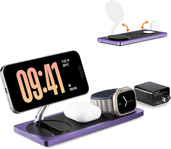 PETINO Mag-Safe Charger Stand, 3-in-1 Magnetic Wireless Charging Station for Apple Devices, iPhone 15/14/13/12 Series, Apple Watch, AirPods Pro (Purple) | For iPhone 17/Air/16/15/14/13/12, AirPods & Apple Watch, Foldable Portable Aluminum Charging Stan...