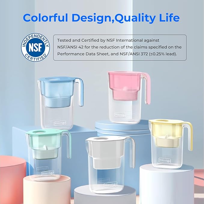 Waterdrop PT-05B Water Filter Pitcher, 7-Cup Capacity, NSF Certified, 5X Longer Filter Life, Up to 200 Gallons, for Fridge, Countertop, and Gift Giving, Reduces PFOA/PFOS, Chlorine, Blue