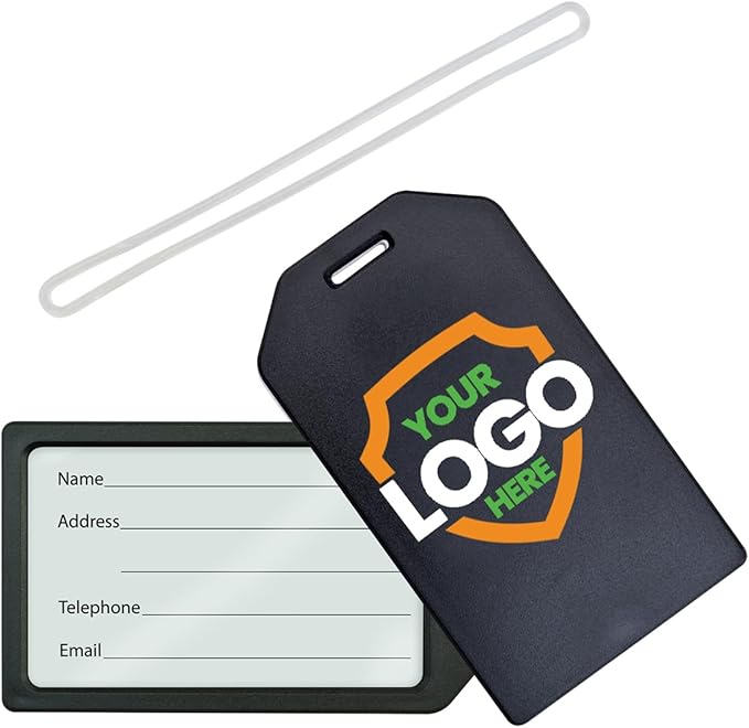 10 Pack - Bulk Custom Luggage Tags - Heavy Duty Personalized Bag Tag for Suitcases or Backpack - Hard Plastic - Add Company Logo, School I’D, Photo - Quality & Detail UV Print by Specialist ID (Black)