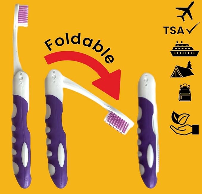 Pack of 2pc Comfort Hold Travel Toothbrush On The Go Folding Medium Bristle Brushes Compact Size Ergonomic Foldable Tooth Brush Camping Gym School Locker Backpack TSA Approved - Assorted Colors