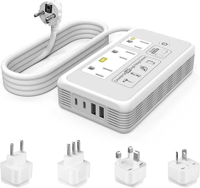 Mapambo 2000W 220V to 110V Converter for Hair Dryer, Voltage Converter US to Europe, Converter for European Travel with 2 USB-C 2 USB-A, Universal Travel Adapter with Type C/G/I/L (Gray)