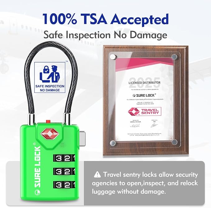 SURE LOCK TSA Approved Luggage Locks with Open Alert Indicator, 3 Digit Combination Cable Travel Lock for Suitcase, Backpack, Gym Locker, Toolbox & Travel Bag（Green 2 Pack