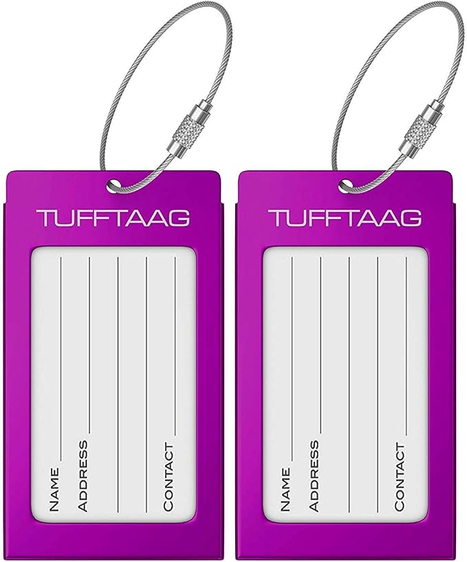 Luggage Tags Business Card Holder by TUFFTAAG - Durable Travel ID Bag Tag, Deep Purple, 2 Tags