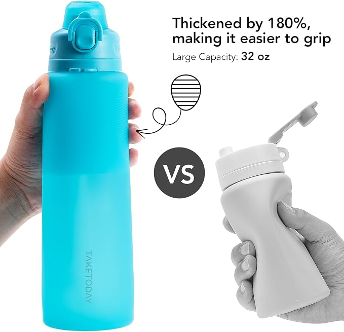 TakeToday Collapsible Water Bottles 32oz Blue and 20oz Blue, Foldable Travel Water Bottle with Strap, BPA Free, Silicone Water Bottle Leakproof for Hiking, International Travel, Outdoors
