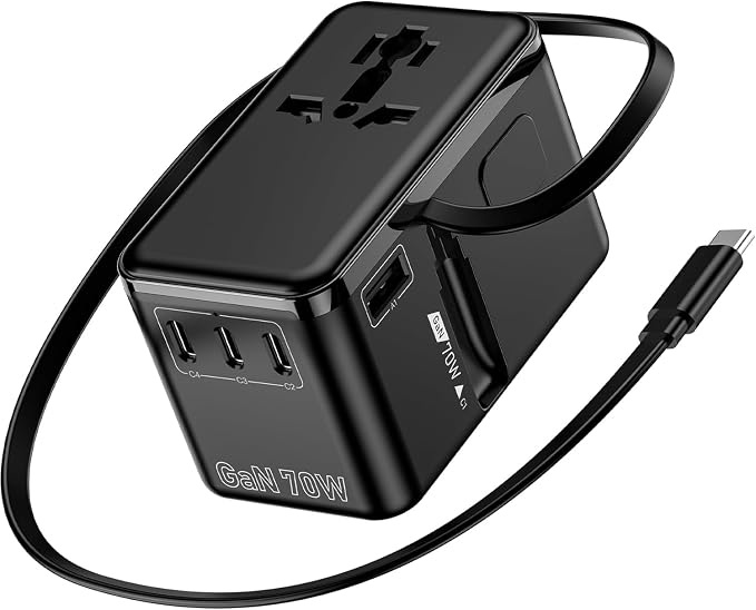 JMFONE 70W GaN Universal Travel Adapter, Retractable USB-C Cable + 4 USB-Port + 2500W AC Outlet, International Power Adapter with US EU UK AUS Plugs for 200+ Countries, Fast Charging Laptops Phones
