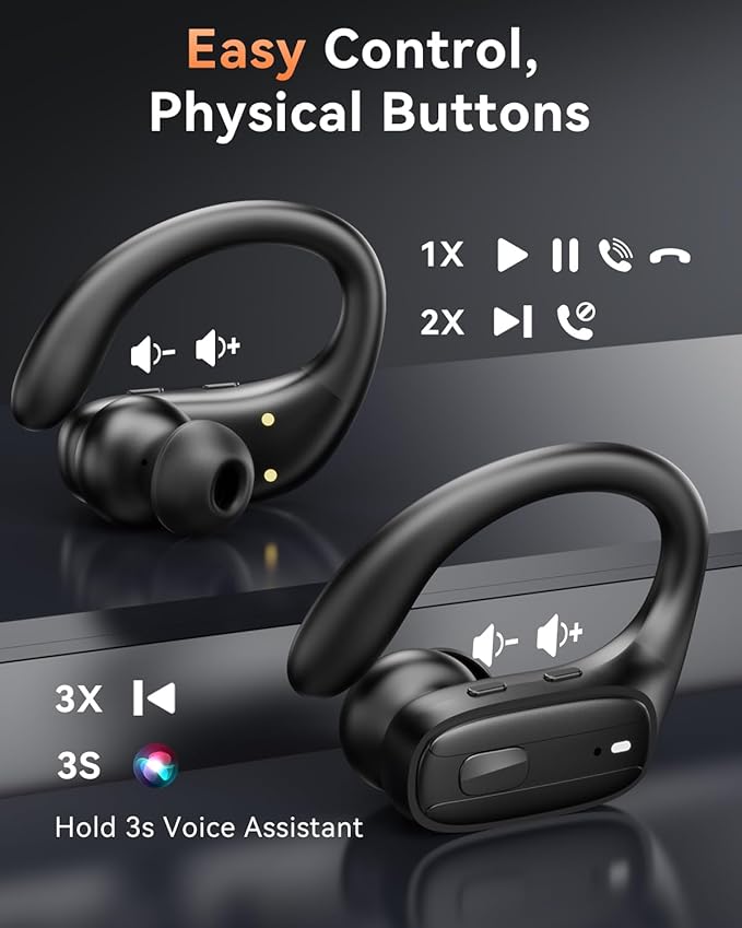 LEEMC Wireless Earbuds, Bluetooth Headphones 5.4, 80Hr Playtime Ear Buds with Hooks for Sports, Noise Canceling, LED Display, IPX7 Waterproof Earphones for Workout Running, Onyx