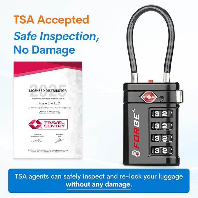 Forge Open Alert TSA Approved Luggage Locks 4 Digit Combination TSA Travel Locks with TSA008, Zinc Alloy Body for Luggage, Suitcase, Backpack, and More. Black 4 Locks.