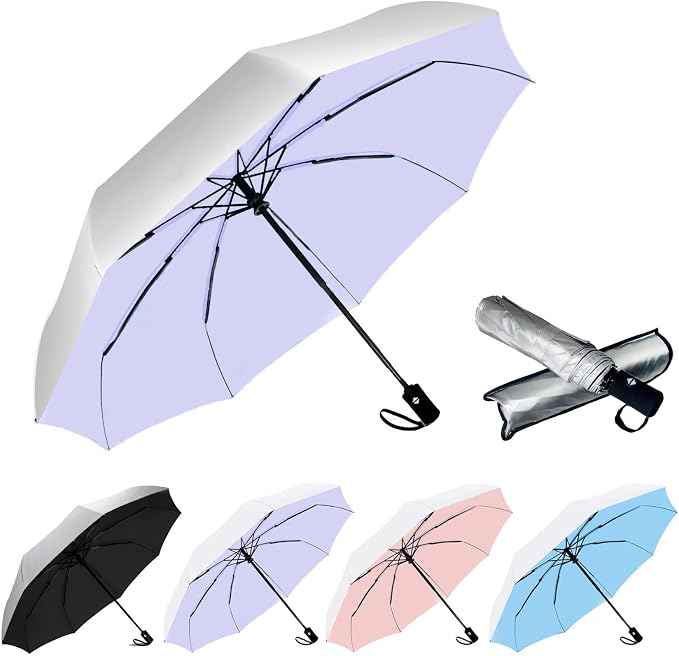 SIEPASA Compact Travel Umbrella - Windproof Auto Open/Close, Small Folding Umbrella for Rain & Sun with UPF50+ - Lightweight Frame, Waterproof - Fits Backpack, Purse, Suitcase.(Silver/Light Purple)