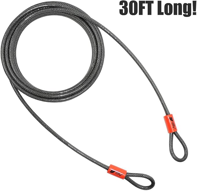 BV Heavy-Duty 30FT Security Cable with Loops - 10mm (3/8 Inch) Cut-Resistant Braided Steel Cable - Versatile & Weatherproof - Security Chain for Padlock, Chain Lock, Wire Lock