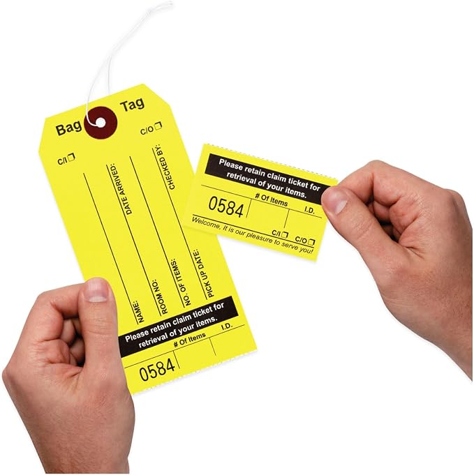 1000 Luggage Claim Tags with String Attached, Consecutively Numbered, Bag Stickers, Claim Ticket - Bag Tags for Hotel and Motel Bag Storage. Size: 6 3/4" (H) x 2 1/2" (W).