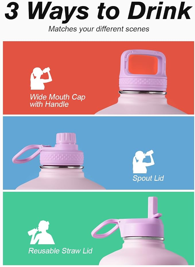 Coolflask 128 oz Gallon Water Bottle Insulated with Straw&3 Lids, Water Jug Large Stainless Steel Metal Vacuum Wide Mouth for Sports, Gym or Office, Non-BPA Keep Cold 48H Hot 24H, Pink