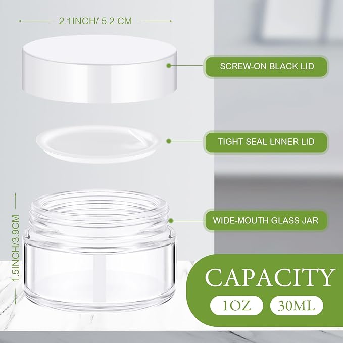 Domensi 100 Pcs 1oz Glass Jars with Lids Bulk Small Glass Salve Tins Cream Container Cosmetic Jars for Travel Balm with Inner Liners for Sample Cream (Clear,White Lid,Plastic Lid)