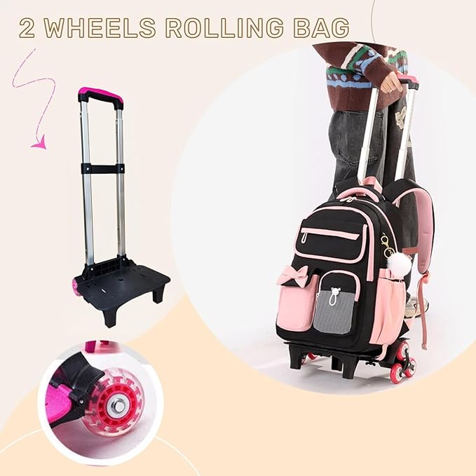 School Backpack with Wheels for Girls Wheeled Bookbags Kids Rolling Backpack for Girls Trolley School Bag, Black Pink 2 Wheels
