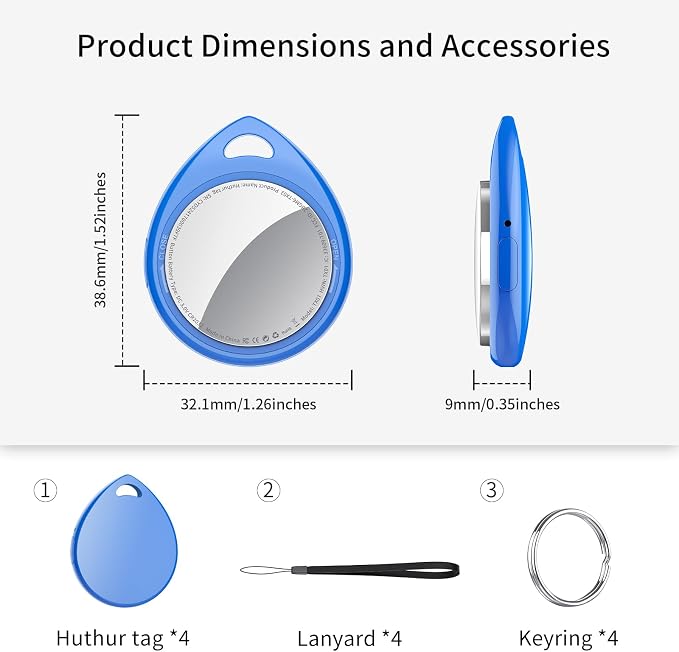 Air Tracker Tags-4 Pack Blue, 5.3 Bluetooth Tracker Work with Apple Find My (iOS Only), 100dB Sound, Smart Tag with Keychain/Lanyard, Item Finder for Luggage/Key/Suitcase, Replaceable Battery.